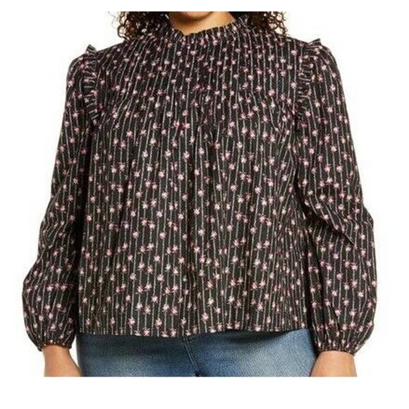 WAYF Womens size 1X top black Linford floral pintuck blouse - Picture 1 of 6